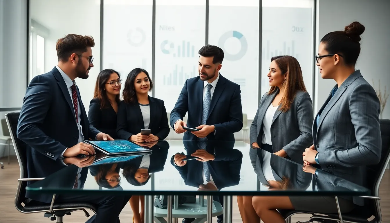 diverse team discussing data management in a modern office.